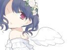 1girl angel_wings barre black_hair commentary_request dress flower_wreath frilled_dress frills fukumaru_koito highres idolmaster idolmaster_shiny_colors konaya looking_at_viewer off-shoulder_dress off_shoulder purple_eyes solo twintails upper_body white_background white_dress wings wreath 
