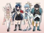  4boys :d aged_down alternate_costume angel angel_wings aqua_wings arm_at_side bandaged_hand bandaged_wings bandages belt belt_buckle black_bow black_bowtie black_coat black_hair black_halo black_ribbon black_shoes black_shorts black_socks black_wings blade_(honkai:_star_rail) blue_hair blush book bow bow_on_wing bowtie buckle capelet chinese_commentary clenched_hand closed_mouth coat coattails cross cross_brooch cross_print curtained_hair dan_heng_(honkai:_star_rail) dot_mouth double_halo drop_shadow earrings expressionless eyeliner feathered_wings flower frilled_shirt_collar frilled_shorts frills full_body gold_earrings grey_shirt grey_shoes grey_shorts grey_vest hair_between_eyes hair_over_one_eye hair_ribbon halo halo_behind_head head_wings high-waist_shorts high_ponytail highres holding holding_book holding_flower honkai:_star_rail honkai_(series) hood hood_down hooded_coat huayne infinity_symbol jewelry jing_yuan legwear_garter lineup loafers long_hair long_shirt long_sleeves looking_at_viewer low_wings makeup male_focus mandarin_collar medium_hair mole mole_under_eye multiple_boys o-ring o-ring_thigh_strap one_eye_covered ophanim_halo own_hands_clasped own_hands_together piercing pink_bow pink_ribbon pleated_shirt ponytail puritan_collar red_eyeliner red_eyes red_flower ribbon scarf shirt shoes short_hair short_shorts shorts simple_background sleeve_bow sleeve_ribbon smile socks spats_(footwear) spider_lily spiked_halo standing star_(symbol) star_print stole sun_print sunday_(honkai:_star_rail) sweater_guard tabard tassel thigh_strap thighhighs traditional_halo two-sided_coat two-sided_fabric vest w_arms white_belt white_bow white_bowtie white_capelet white_hair white_scarf white_shirt white_shorts white_socks white_thighhighs white_wings wing_ornament wing_piercing wing_print wings yellow_coat yellow_eyes yellow_halo 