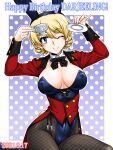  1girl animal_ears black_leotard blonde_hair blue_eyes blush bow bowtie braid breasts breasts_apart character_name cleavage closed_mouth cup darjeeling_(girls_und_panzer) dated eyebrows_visible_through_hair fake_animal_ears fake_tail fishnet_legwear fishnets french_braid girls_und_panzer happy_birthday large_breasts leotard one_eye_closed oosaka_kanagawa pantyhose playboy_bunny polka_dot polka_dot_background rabbit_ears rabbit_tail shiny shiny_hair simple_background smile solo tail 