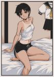  1girl absurdres black_hair black_shorts breasts brown_eyes collarbone full_body highres kasugano_sakura looking_at_viewer navel short_hair shorts sitting solo street_fighter tan tank_top tanlines tyanoki white_tank_top 