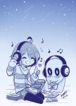  1other album_cover bangs black_pants blue_background blue_sky blush cd_case closed_eyes closed_mouth cover frisk_(undertale) ghost greyscale headphones heart highres holding holding_cd long_sleeves monochrome musical_note napstablook on_floor pants sandragh short_hair sitting sky smile star_(sky) stereo striped striped_sweater sweater tears thumbs_up undertale 