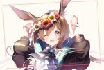  1girl :d ;d absurdres amiya_(arknights) animal_ears arknights ascot bangs black_jacket blue_ascot blue_choker blue_eyes brown_hair choker commentary eyebrows_visible_through_hair flower hair_between_eyes hair_flower hair_ornament hands_up head_wreath highres jacket jewelry long_hair mitk_game multiple_rings one_eye_closed open_mouth rabbit_ears rabbit_girl ring sidelocks smile solo upper_body wide_sleeves 