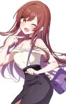  1girl ;d bag bare_shoulders black_choker black_skirt blush breasts choker collarbone commentary_request handbag highres idolmaster idolmaster_shiny_colors long_hair looking_at_viewer medium_breasts one_eye_closed open_mouth osaki_amana pencil_skirt purple_bag red_hair reikakrzk shirt shoulder_bag skirt smile solo standing swept_bangs v white_shirt yellow_eyes 