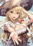  1girl adapted_costume akane_hazuki bangs blonde_hair braid breasts cleavage corset dress eyebrows_visible_through_hair hair_between_eyes hair_ribbon hand_on_headwear hat highres kirisame_marisa long_hair looking_at_viewer medium_breasts open_mouth outstretched_arm puffy_short_sleeves puffy_sleeves ribbon short_sleeves solo touhou white_dress witch_hat yellow_eyes 