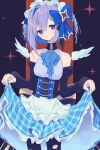  1girl absurdres amane_kanata angel angel_wings apron asymmetrical_bangs asymmetrical_hair bad_id bad_pixiv_id bangs blue_hair blue_wings bob_cut bodice bow colored_inner_hair detached_sleeves feathered_wings frilled_apron frilled_hairband frills gradient gradient_wings hair_ornament hair_over_one_eye hairband highres hikap hololive maid maid_apron maid_headdress mini_wings multicolored_hair multicolored_wings pantyhose pearl_hair_ornament plaid plaid_skirt purple_eyes short_hair silver_hair single_hair_intake skirt solo star_(symbol) star_hair_ornament streaked_hair torn_clothes torn_legwear turtleneck_dress two_side_up virtual_youtuber white_wings wings 