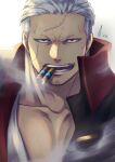  1boy aion_kiu bara cigar coat facial_hair goatee looking_at_viewer male_focus mature_male muscular muscular_male one_piece partially_unbuttoned pectoral_cleavage pectorals portrait scar scar_across_eye short_hair sideburns smoker_(one_piece) smoking solo stitches stubble white_hair 