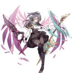  1girl ahoge ark_order bangs black_capelet black_footwear black_legwear black_skirt boots breasts capelet energy_wings falling_feathers feathers full_body gloves gold_trim grey_hair high-waist_skirt k_suke_(weibo) large_breasts long_hair long_sleeves official_art pantyhose puffy_long_sleeves puffy_sleeves purple_wings rectangular_eyewear red-framed_eyewear shirt skirt solo tachi-e thigh_boots thighhighs transparent_background vedrfolnir_(ark_order) weapon white_gloves white_shirt wings yellow_eyes 
