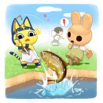  ! 1boy 2girls animal_crossing animal_ears ankha_(animal_crossing) balloon bangs black_eyes black_hair blue_sky blunt_bangs bob_cut book border breasts brown_dress cat_ears cat_girl cat_tail cloud coco_(animal_crossing) colored_skin dress egyptian egyptian_clothes fish furry furry_female gift goldfish grass hair_ornament haru_(haruhare3) holding holding_book multiple_girls open_mouth outdoors short_hair short_sleeves sky snake_hair_ornament spoken_exclamation_mark standing striped_tail tail villager_(animal_crossing) water white_border white_dress yellow_skin 