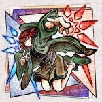  1other androgynous asymmetrical_wings bare_legs black_shirt blue_wings boots border bright_pupils brown_shorts chikafumikou collared_shirt crystal_wings detached_wings film_grain fingernails floating_clothes full_body green_boots green_jacket grey_border highres hood hood_down hooded_jacket jacket jumping len'en long_sleeves looking_at_viewer mismatched_wings one_eye_closed open_clothes open_jacket other_focus outside_border outstretched_arm parted_lips red_eyes red_hair red_wings shirt shitodo_hooaka short_hair shorts socks solo square twitter_username watermark white_pupils white_socks wide_sleeves wings zipper 