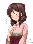  1girl blush bow brown_hair cocoa_(cocoa0191) dated drill_hair eyes_closed hair_bow hakama hands_on_own_chest harukaze_(kantai_collection) japanese_clothes kantai_collection kimono meiji_schoolgirl_uniform open_mouth pink_kimono red_bow red_eyes red_hakama simple_background smile solo twin_drills twitter_username upper_body white_background 