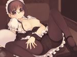  ahoge arima_senne black_legwear breasts brown_hair glasses highres kashiwamochi_yomogi large_breasts long_hair maid mole mole_on_breast original panties panties_under_pantyhose pantyhose red_eyes shoes solo thighband_pantyhose tray underwear 