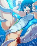  aqua_eyes blue_hair blush bosshi breast_slip breasts bubble cameltoe competition_swimsuit covered_nipples fangs fat_mons from_below highleg highleg_swimsuit imminent_rape large_breasts nipples one-piece_swimsuit one_breast_out original rape restrained solo swimsuit tentacles underwater water 