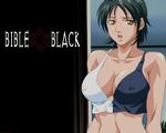  bible_black black_hair breasts cleavage copyright_name crop_top erect_nipples large_breasts minase_yukiko short_hair wallpaper yellow_eyes 