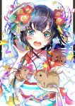  &gt;_&lt; 1girl 2019 :d animal animal_on_shoulder bangs black_background black_hair blue_eyes boar chinese_zodiac commentary_request eyebrows_visible_through_hair eyes_closed flower fur_collar hair_flower hair_ornament head_tilt highres holding holding_animal japanese_clothes keepout kimono long_hair long_sleeves obi open_mouth original red_flower red_kimono round_teeth sash smile solo star teeth two-tone_background upper_body upper_teeth white_background wide_sleeves year_of_the_pig 