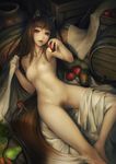  animal_ears apple breasts brown_hair food fruit holding holding_food holding_fruit holo long_hair nude pubic_hair realistic red_eyes simosi small_breasts solo spice_and_wolf tail wolf_ears 