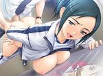  2girls against_wall bdsm big_breasts blush bondage bound breast_press breasts clothed_sex duplicate from_behind gagged green_hair hands_on_ass large_breasts locker locker_room lockers lowres mesu_nie_onna_kyoushi multiple_girls open_mouth saburoo school sex 