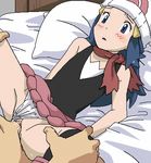  1girl bare_arms bare_shoulders beanie bed_sheet bedroom blue_eyes blue_hair blush clitoris clothed_sex flat_chest hair_ornament hat hetero hikari_(pokemon) indoors long_hair looking_at_viewer lying nude_filter on_back on_bed open_mouth panties panties_aside parted_lips pillow pokemon pokemon_(anime) pokemon_dp_(anime) pov resized sex sleeveless solo_focus spread_legs sweat third-party_edit tomu_(tomubobu) uncensored underwear upscaled white_hat white_panties 