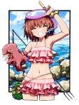  1girl bikini blush brown_hair closed_eyes collarbone commentary day eyebrows_visible_through_hair facing_viewer frilled_bikini frills grin highres kill_me_baby marine_day navel ocean octopus oribe_yasuna outdoors pink_bikini short_hair smile snorkel solo swimsuit teeth yachima_tana 