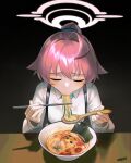  1girl :&gt;= absurdres ahoge artist_name black_background blue_archive bowl chopsticks close-up closed_eyes commentary eating food halo highres holding holding_chopsticks holding_spoon hoshino_(blue_archive) noodles nori_(seaweed) orini pink_hair pink_halo ponytail ramen shirt slurping softboiled_egg solo spoon sunken_cheeks white_shirt 