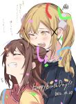 2girls bang_dream! black_sweater blonde_hair brown_eyes brown_hair brown_sweater clenched_teeth closed_eyes collared_shirt commentary cone_hair_bun confetti fang hair_bun happy_birthday head_on_head head_rest highres ichigaya_arisa kanade_(kanade_3344) medium_hair multiple_girls one_eye_closed open_mouth red_shirt shirt simple_background smile squiggle sweater teeth toyama_kasumi translation_request twintails upper_body upper_teeth_only white_background 