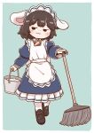  1girl :3 alternate_costume animal_ears apron black_eyes black_hair blue_background bucket carrot_necklace commentary enmaided eyebrows_visible_through_hair floppy_ears hair_between_eyes inaba_tewi long_sleeves maid maid_apron maid_headdress mary_janes mop poronegi rabbit_ears shoes short_hair simple_background socks solo standing touhou 