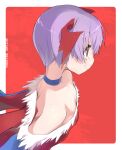  1girl bare_shoulders bat_wings black_choker choker copyright_name flat_chest from_above from_side fur_trim hair_between_eyes head_wings highres leotard lilith_aensland purple_hair red_eyes red_leotard sala_mander short_hair smile solo upper_body vampire_(game) wings 