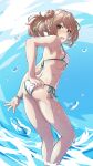  1girl arthur_ko ass bikini breasts commentary_request double_bun feet_out_of_frame from_behind halterneck kantai_collection light_brown_hair looking_at_viewer looking_back michishio_(kancolle) open_mouth short_hair short_twintails side-tie_bikini small_breasts solo standing string_bikini swimsuit twintails white_bikini 