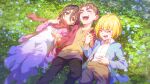  1girl 2boys armin_arlert belt black_hair blonde_hair blue_flower brown_eyes child closed_eyes commentary_request day dress eren_yeager flower grass happy highres holding_hands interlocked_fingers jacket laughing meipu_hm mikasa_ackerman multiple_boys on_grass outdoors pants red_scarf scarf shade shingeki_no_kyojin shirt short_hair smile suspenders younger 