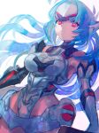  1girl absurdres android blue_hair forehead_protector glowing_crystal highres kos-mos kos-mos_re: long_hair red_eyes simple_background solo white_background xenoblade_chronicles_(series) xenoblade_chronicles_2 xenosaga yohane_shimizu 