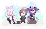  1boy 2girls ^_^ bangs black_sweater chibi closed_eyes dragon_tail eyebrows_visible_through_hair grey_sweater hair_ribbon head_wings highres himechui horns kanae_(nijisanji) licking_lips long_hair multiple_girls nijisanji nijisanji_en pink_ribbon qualia_qu re:act ribbon rock roto_(kanae) selen_tatsuki sitting smile stuffed_animal stuffed_cat stuffed_toy sweater tail tongue tongue_out virtual_youtuber 