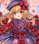  1girl black_dress black_hat blonde_hair dress frilled_dress frills hat lily_black lily_white long_hair long_sleeves looking_at_viewer marker_(medium) neck_ribbon open_mouth red_eyes ribbon rui_(sugar3) sample_watermark smile solo touhou traditional_media upper_body watermark wide_sleeves 