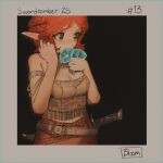  1girl armband belt black_background blue_flower blush border breasts cleavage commentary cowboy_shot crop_top elf fantasy flower fringe_trim green_eyes grey_border highres holding holding_flower medium_breasts medium_hair notfuji orange_hair original pointy_ears scabbard sheath sheathed smelling smelling_flower solo strapless tube_top 