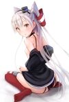  1girl absurdres amatsukaze_(kancolle) ass bad_id bad_pixiv_id black_panties breasts brown_dress dress garter_straps hair_tubes highres kantai_collection long_hair ooshima_kojima panties red_legwear sailor_dress short_dress silver_hair sitting small_breasts smokestack_hair_ornament solo striped striped_legwear thighhighs two_side_up underwear wariza windsock 