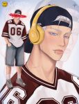  1boy alternate_costume aransmind artist_name backwards_hat baggy_shorts baseball_cap basketball_jersey blue_eyes character_name closed_mouth colored_eyelashes cyber_sigilism eyebrow_piercing face_piercing full_body gojou_satoru grey_shoes hands_in_pockets hat headphones highres ibispaint_(medium) jewelry jujutsu_kaisen light_smile lip_piercing looking_at_viewer multiple_views necklace number_print oversized_clothes oversized_shirt piercing portrait red_shirt scar scar_on_arm scar_on_leg scar_on_neck shirt shoes sneakers socks standing t-shirt white_background white_eyelashes white_hair white_shirt white_socks zoom_layer 