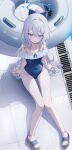  1girl absurdres blue_archive blue_eyes blue_one-piece_swimsuit blush casual_one-piece_swimsuit covered_navel crossed_bangs frilled_one-piece_swimsuit frills from_above hair_between_eyes hair_intakes hair_ornament highres kerno knees_together_feet_apart long_hair looking_at_viewer miyako_(blue_archive) miyako_(swimsuit)_(blue_archive) off-shoulder_one-piece_swimsuit off_shoulder official_alternate_costume official_alternate_hairstyle on_floor one-piece_swimsuit open_mouth sandals sitting solo swimsuit thighs toes very_long_hair white_hair white_innertube 
