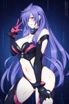  1girl arm_up breasts choker cleavage dominatrix earrings elbow_gloves eyebrows_visible_through_hair gloves hand_on_thigh iris_heart jewelry kami_jigen_game_neptune_v large_breasts lindaroze long_hair navel neptune_(series) one_eye_covered parted_lips patreon_username pink_eyes purple_hair revealing_clothes signature solo stomach thighhighs thighs twitter_username 
