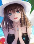  1girl bad_id bad_pixiv_id bangs bare_shoulders beach bikini black_bikini blue_sky braid breasts brown_hair charlotte_corday_(fate) charlotte_corday_(swimsuit_caster)_(fate) cleavage collarbone fate/grand_order fate_(series) green_eyes hat jewelry large_breasts looking_at_viewer necklace open_mouth pendant seki_(sekixview) short_hair side_braid sky smile solo sun_hat swimsuit white_headwear 