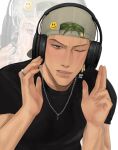  1boy alternate_costume aransmind artist_name backwards_hat baseball_cap black_shirt brown_eyes cross cross_necklace cyber_sigilism earrings eyebrow_piercing face_piercing finger_gun green_hair hat headphones highres ibispaint_(medium) jewelry lip_piercing necklace one_eye_closed one_piece parted_lips piercing ring roronoa_zoro scar scar_across_eye scar_across_eyebrow scar_on_face shirt single_earring t-shirt white_background zoom_layer 