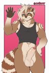  anthro athletic athletic_anthro athletic_male balls bedroom_eyes bottomless bottomless_anthro bottomless_male brown_body brown_fur cheek_tuft clothed clothing ear_piercing ear_ring erection eyebrow_piercing facial_piercing facial_tuft foreskin frenum_ladder frenum_piercing fur genital_piercing genitals hair half-closed_eyes hi_res humanoid_genitalia humanoid_penis ladder_piercing lukiro male mammal markings multicolored_body multicolored_fur muscle_tone narrowed_eyes neck_tuft pecs penis penis_piercing piercing procyonid raccoon ring_piercing seductive shirt smile smirk smug smug_face solo striped_markings striped_tail stripes tail tail_markings tan_body tan_fur tan_hair tank_top topwear tuft two_tone_body two_tone_fur 