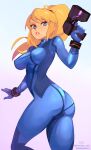  1girl ass blonde_hair blue_bodysuit blue_eyes blue_gloves bodysuit breasts commentary english_commentary gloves gun holding holding_gun holding_weapon lips long_hair looking_at_viewer medium_breasts metroid parted_lips patreon_username ponytail samus_aran solo squeezable_(artist) weapon zero_suit 