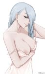 1girl arm_under_breasts artist_name bangs bare_arms bare_shoulders braid braided_bangs breasts cleavage dress highres jujutsu_kaisen large_breasts long_hair mei_mei_(jujutsu_kaisen) nipples no_bra profile shellvi silver_hair simple_background smile solo strap_slip upper_body white_background 