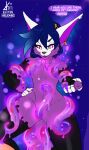  anthro blue_hair breasts canid canine canis domestic_cat domestic_dog felid feline felis female fur hair hi_res hybrid jackal kimiri_eclipsa kyu-maru mammal navel navel_piercing piercing pink_eyes purple_body purple_fur semi-transparent skull_tattoo small_breasts solo tattoo tentacle_clothing tentacle_slime tentacles 