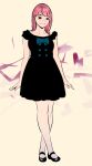  1girl arms_at_sides black_dress black_eyes black_footwear blue_bow bow crossed_ankles dress full_body long_hair original pink_hair shiohara_shin&#039;ichi short_sleeves simple_background smile standing white_background 