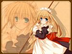  1girl 2000s_(style) apron aqua_eyes archived_source back_bow bad_link black_dress black_sleeves blonde_hair blush border bow broom brown_border closed_mouth dot_nose dress drop_shadow expressionless frilled_apron frills headdress holding holding_broom juliet_sleeves long_dress long_hair long_sleeves maid maid_apron maid_headdress original projected_inset puffy_sleeves red_bow retro_artstyle shinkichi_(usadama) sidelocks simple_background sleeve_cuffs solo straight_hair very_long_hair waist_bow warm_colored white_apron white_headdress white_sleeve_cuffs yellow_theme 