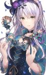  5girls :3 aqua_hair bang_dream! black_choker black_hair black_hairband blue_dress blue_flower blue_rose blue_shirt blue_theme blush brown_hair choker closed_eyes commentary crown dress earrings falling_petals fang flower green_eyes grey_hair hair_between_eyes hair_flower hair_ornament hairband half_updo highres hikawa_sayo imai_lisa jewelry kanade_(kanade_3344) long_hair minato_yukina mini_crown mini_person multiple_girls necklace one_eye_closed open_mouth parted_lips petals purple_eyes purple_flower purple_hair purple_rose rose roselia_(bang_dream!) shirokane_rinko shirt sidelocks simple_background skin_fang three-quarter_sleeves twintails udagawa_ako white_background yellow_eyes 