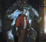  1boy bear black-framed_eyewear black_hair brown_gloves brown_pants cowboy_shot disco_elysium facial_hair glasses gloves glowing glowing_eyes highres jacket kim_kitsuragi male_focus mimulishizi mustache_stubble pants parted_lips red_eyes red_jacket round_eyewear shirt short_hair solo standing stubble white_shirt 