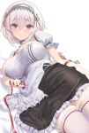  1girl apron azur_lane breasts cleavage highres large_breasts looking_at_viewer lying maid maid_apron maid_headdress nanam_(nanam_sk) on_side red_eyes ribbon sirius_(azur_lane) smile solo thighhighs thighs white_background white_hair white_legwear 