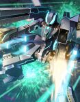  amasaki_yusuke black_six blue_eyes explosion firing gun highres holding holding_gun holding_weapon laser majestic_prince mecha no_humans science_fiction shoulder_cannon solo space weapon 
