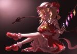  1girl :d ascot bangs blonde_hair bobby_socks bow crystal eyebrows_visible_through_hair flandre_scarlet frilled_shirt_collar frills gradient gradient_background hair_between_eyes hat hat_bow highres holding holding_weapon laevatein_(touhou) light mary_janes mob_cap nke one_side_up open_mouth petticoat red_bow red_eyes red_skirt red_vest shoes skirt smile socks solo touhou vest weapon white_headwear white_legwear wings yellow_ascot 