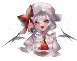  1girl ascot bangs bat_wings bow brooch cropped_legs fangs grey_hair hair_between_eyes hat hat_bow jewelry looking_at_viewer mob_cap open_mouth puffy_sleeves red_ascot red_bow red_eyes remilia_scarlet shirt short_hair simple_background smile solo sparkle touhou white_background white_headwear white_shirt wings yukia_(yukia_777) 